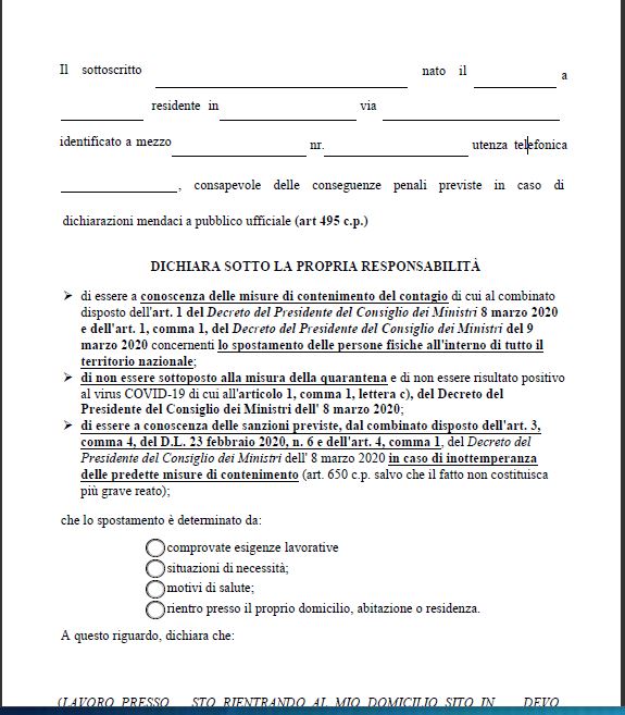 Coronavirus: nuovo modulo autocertificazione