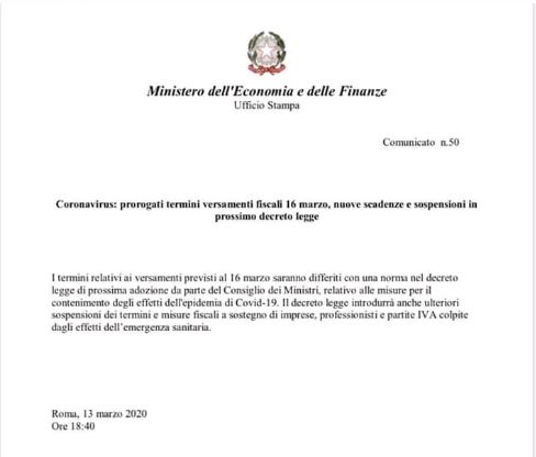 Coronavirus: Comunicato del Ministero dell’ Economia e delle Finanze