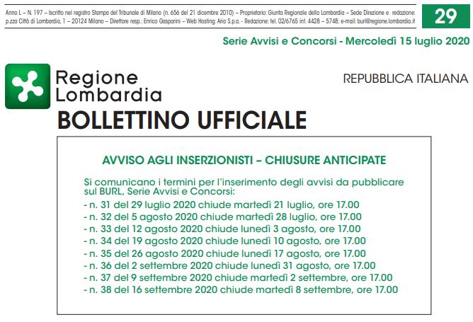 Regione Lombardia. Avvisi e Concorsi. Mercoledì 15 Luglio 2020