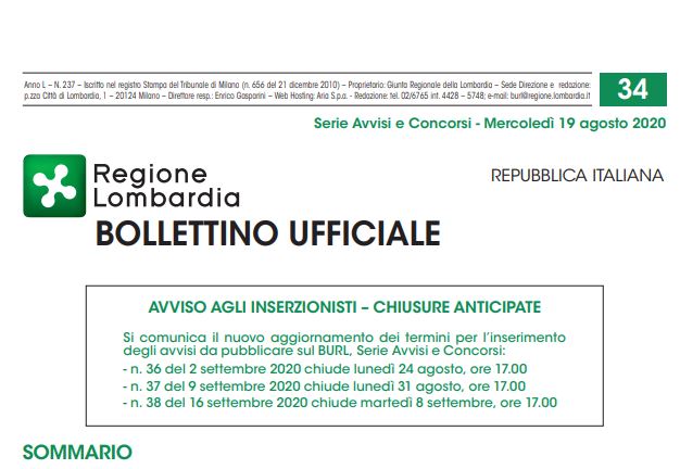 Regione Lombardia. Avvisi e Concorsi. Mercoledì 19 Agosto 2020