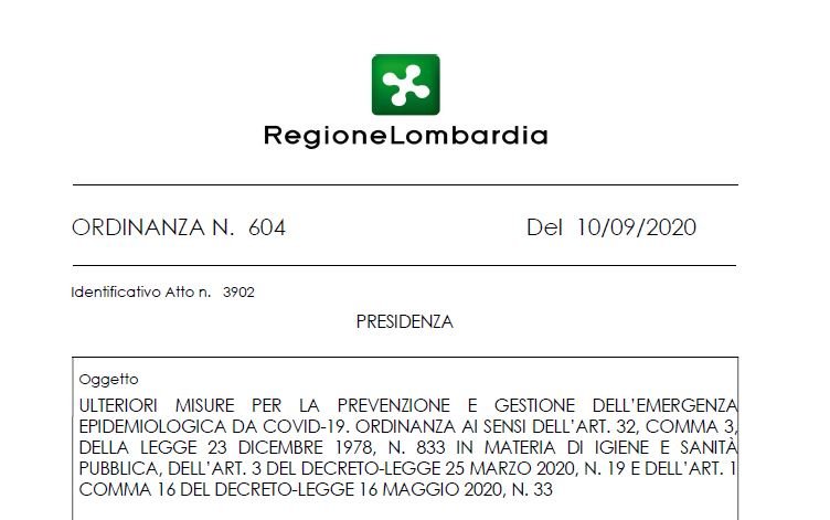 Regione Lombardia. Ordinanza 604 del 10 settembre 2020