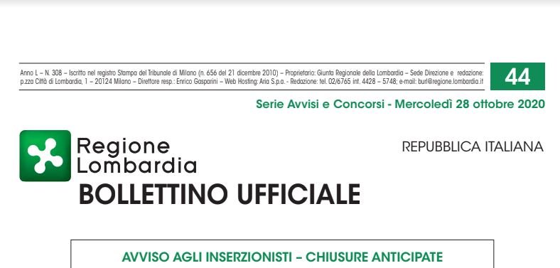 Regione Lombardia. Avvisi e Concorsi. Mercoledì 28 Ottobre 2020