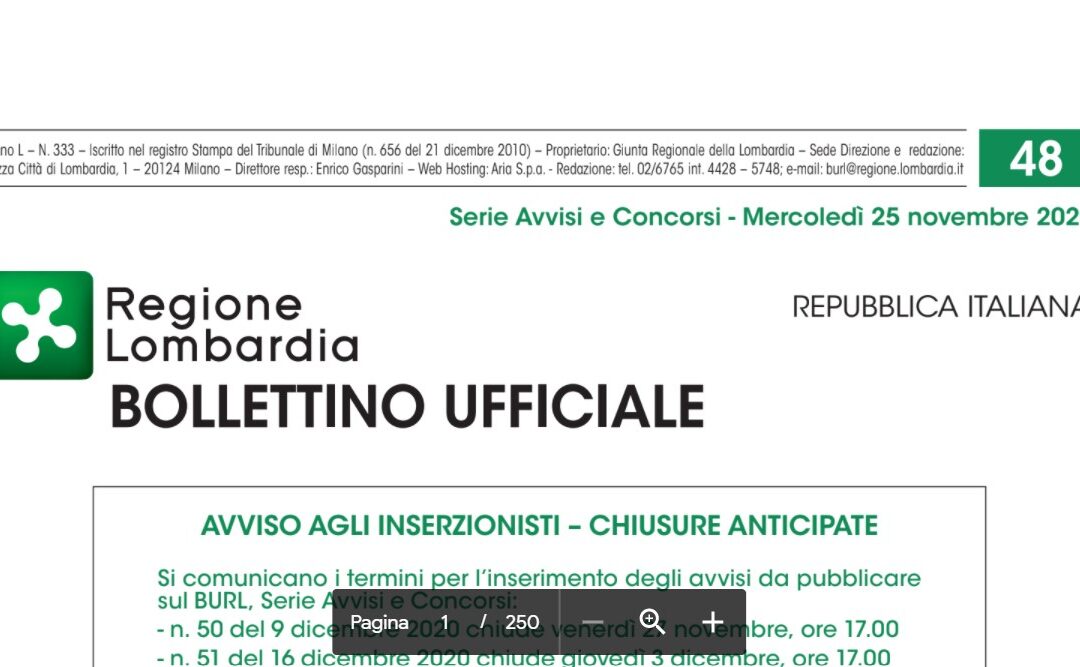Regione Lombardia. Avvisi e Concorsi. Mercoledì 25 Novembre 2020