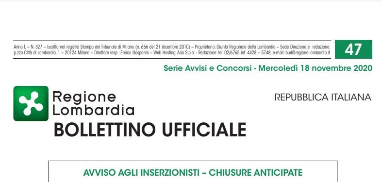 Regione Lombardia. Avvisi e Concorsi. Mercoledì 18 Novembre 2020