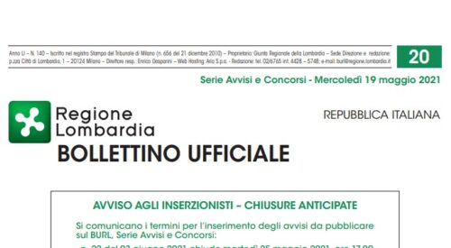 Regione Lombardia. Avvisi e Concorsi. Mercoledì 19 Maggio 2021