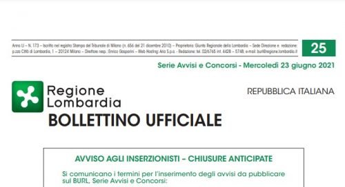Regione Lombardia. Avvisi e Concorsi. Mercoledì 23 Giugno 2021